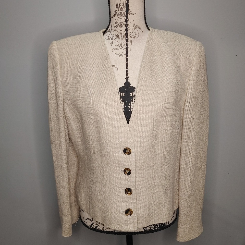 Vtg Gorp 90s Blazer Linda Allard Ellen Tracy Linen Blend Beige Jacket Womens 14
